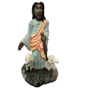 Jesus Good Shepherd Figurine with Lambs Resin Statue SONHS Vintage Style 8–10"